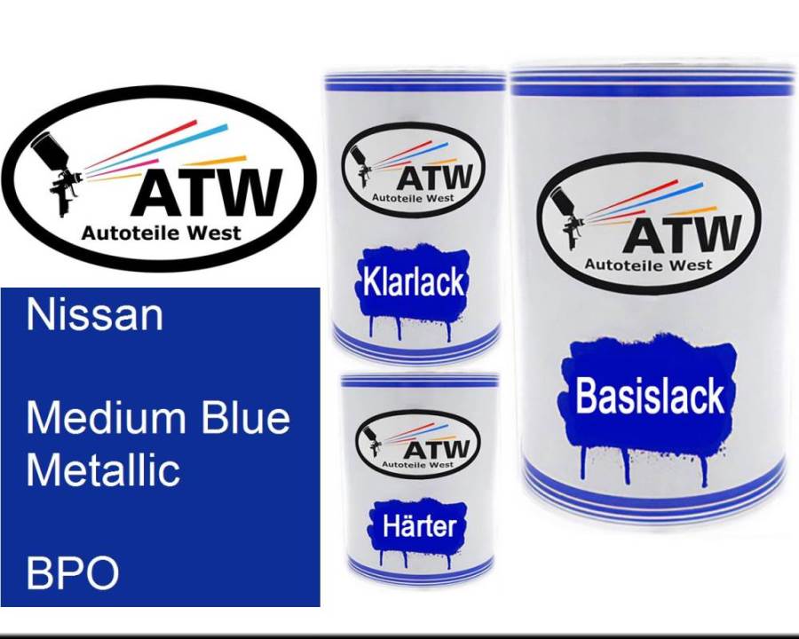 Nissan, Medium Blue Metallic, BPO: 500ml Lackdose + 500ml Klarlack + 250ml Härter - Set, von ATW Autoteile West.